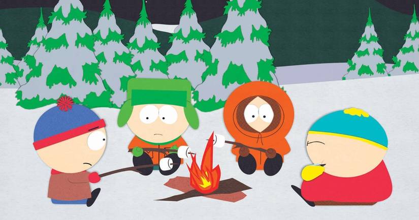 South Park Stan, Kenny, Kyle, Cartman around a fire