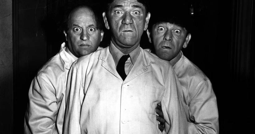 Larry Fine, Shemp Howard, and Moe Howard as "The Three Stooges"