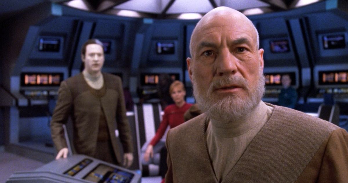 An older Picard, Data, and Crusher