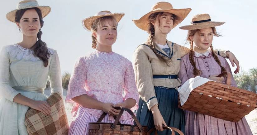 Emma Watson as Meg, Florence Pugh as Amy, Saoirse Ronan as Jo, and Eliza Scanlen as Beth in Little Women (2019)