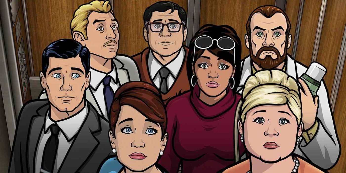 Archer the cast in an elevator looking up