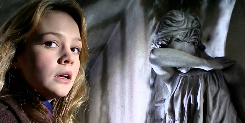 Carey Mulligan with a weeping angel in Doctor Who (2005) Blink