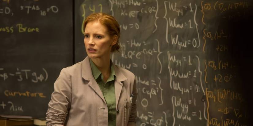 Jessica Chastain in Interstellar writing on a black board