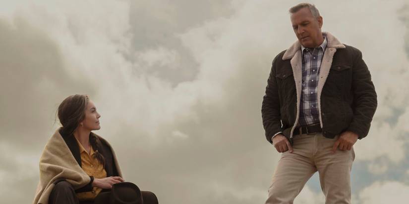 Diane Lane as Margaret sitting with Kevin Costner's George on the top of a hill in Let Him Go