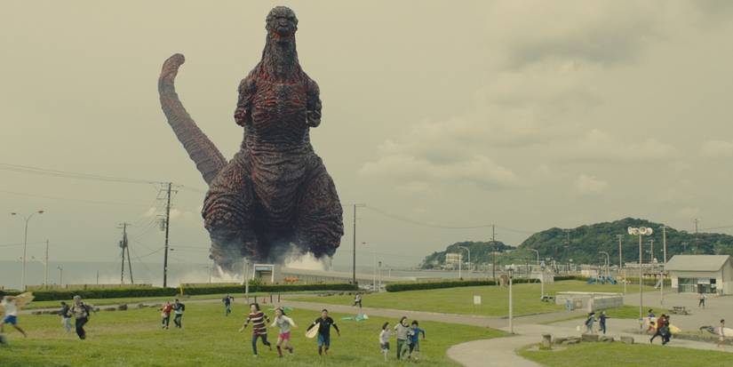 Shin Godzilla terrorizing a park in Japan