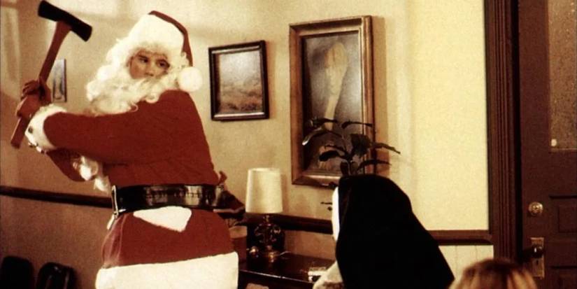 A man dressed as Santa Claus wielding an axe