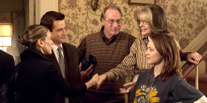 Rachel McAdams, Craig T. Nelson, Dermot Mulroney, Diane Keaton, and Sarah Jessica Parker as Amy, Kelly, Everett, Meredith, and Sybil in The Family Stone