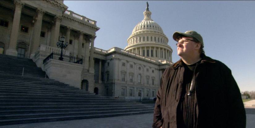 Michael Moore looks towards the sun in front of the United States Senate building in Capitalism: A Love Story (2009).