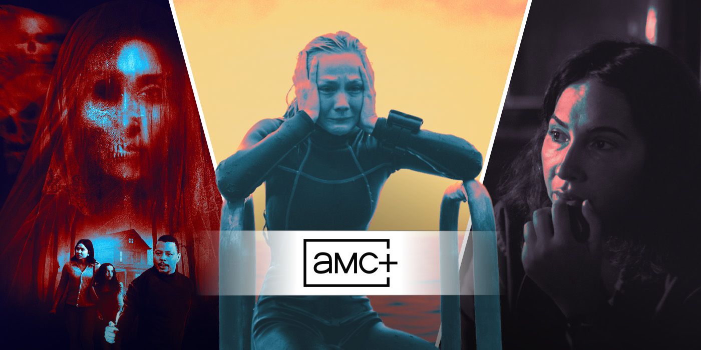 Uma imagem editada de três filmes com o logotipo AMC+, incluindo Skeltons in the Closet, The Dive e History of Evil