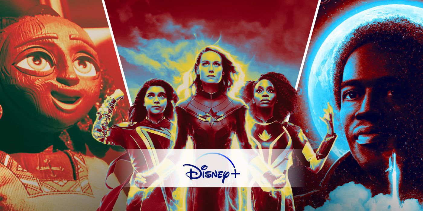 Uma imagem editada de três filmes com o logotipo Disney+, incluindo Self, The Marvels e The Space Race