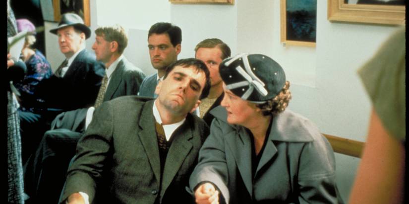 Daniel Day-Lewis as Christy with Brenda Fricker as Mrs. Brown in a waiting room in My Left Foot