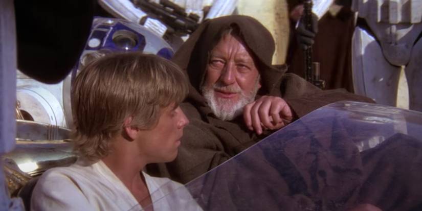 Alec Guinness as Obi-Wan Kenobi and Mark Hamill as Luke Skywalker in Star Wars: Episode IV - A New Hope (1977)