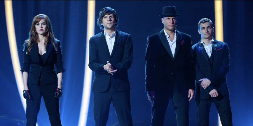 Isla Fisher as Henley, Jesse Eisenberg as Daniel, Woody Harrelson as Merritt, and Dave Franco as Jack in Now You See Me