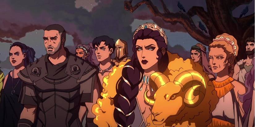 A group of warriors standing together and looking agitated in Blood of Zeus