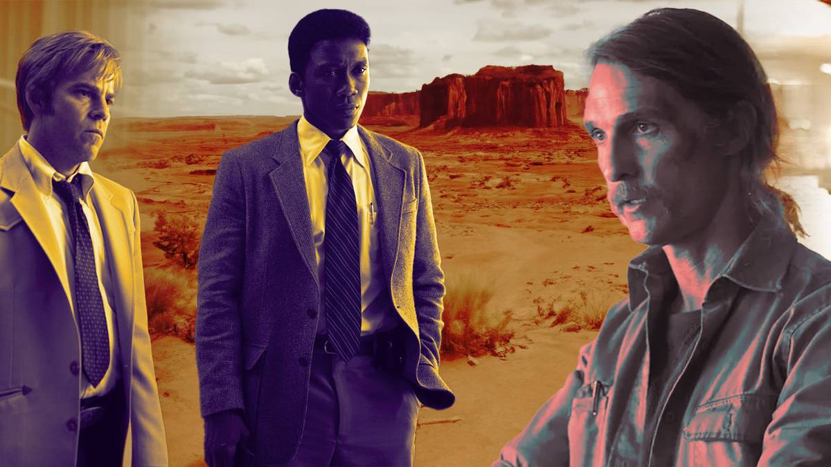 An edited image of Matthew McConaughey as Rust, Stephen Dorff as Roland and Mahershala Ali as Wayne in True Detective