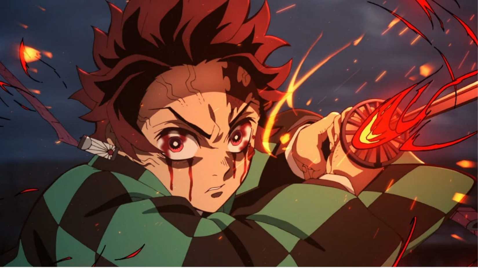 Demon King Tanjiro in Demon Slayer wielding a fire sword with blood dripping down his face