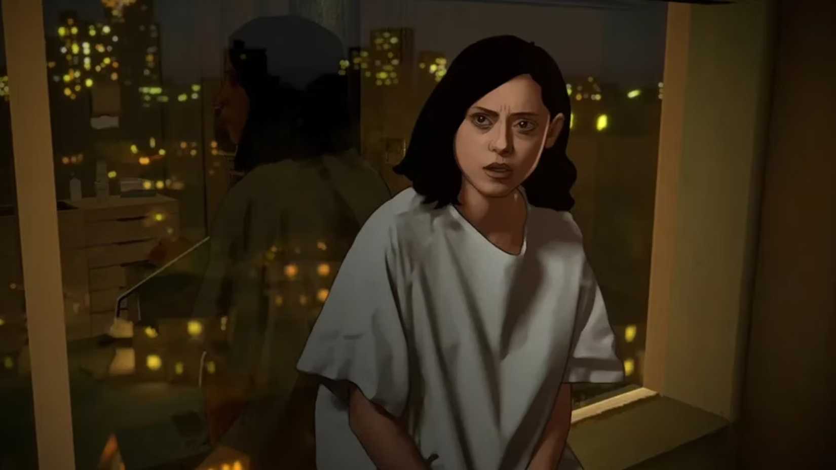 Rosa Salazar as Alma, an animated brunette woman wearing a hospital patient dress in Undone