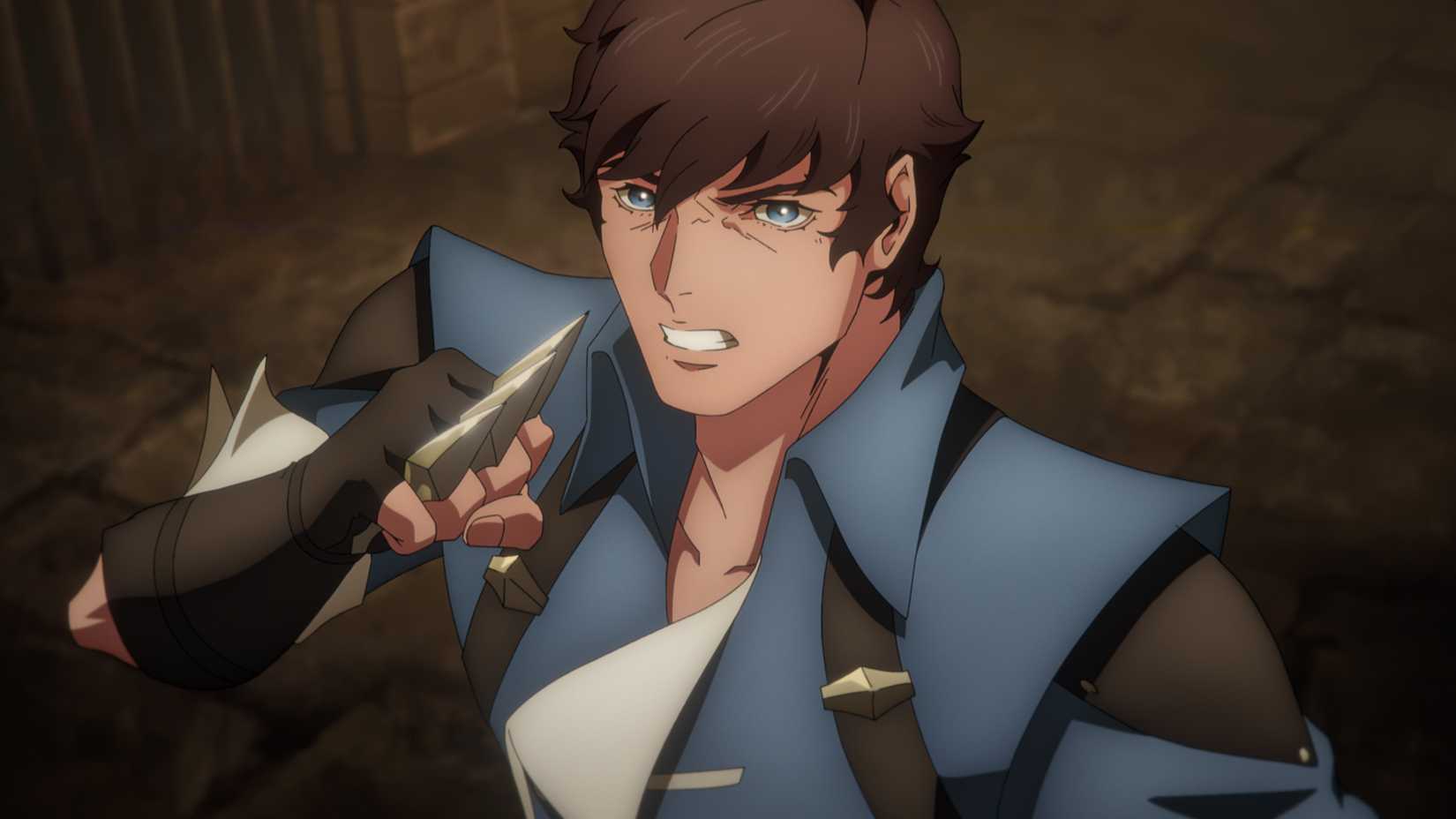 Edward Bluemel as Richter Belmont balling a fist in Castlevania: Nocturne