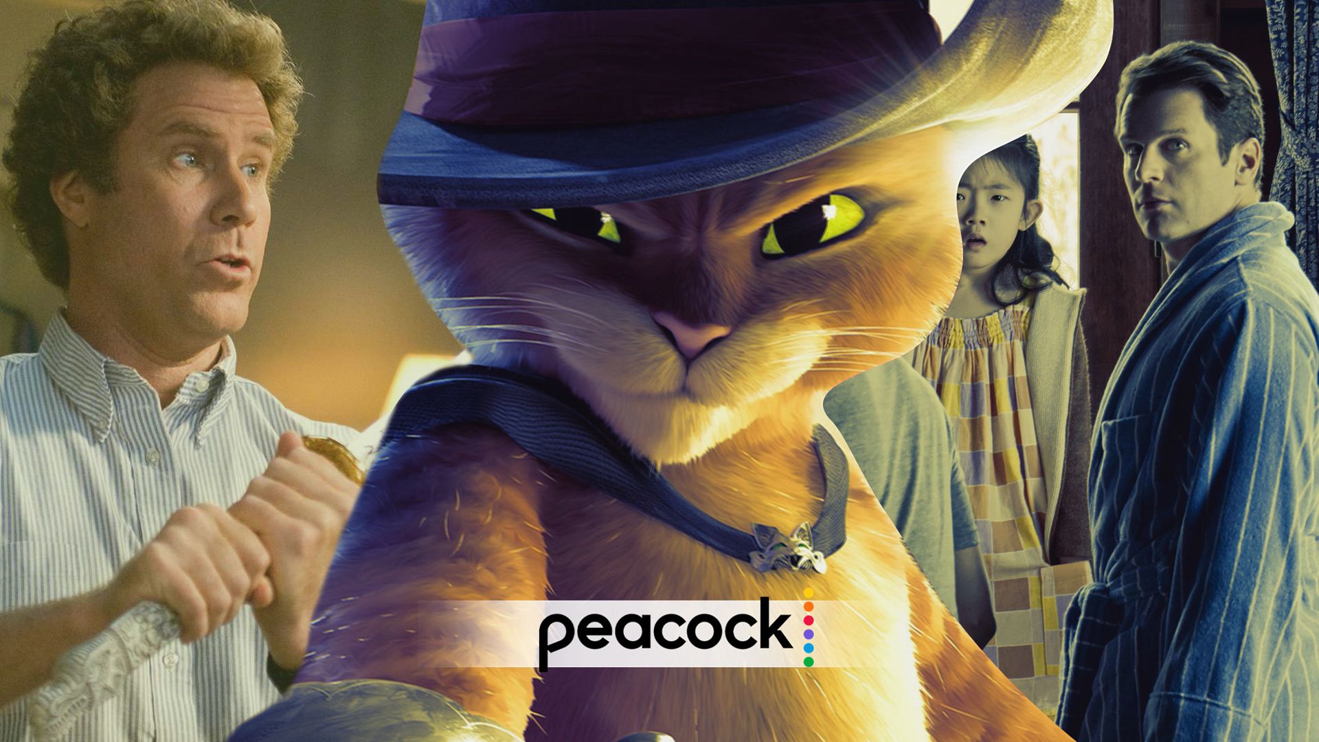 An edited image of three movies including Puss in Boots: The Last Wish, Knock at the Cabin, and Step Brothers