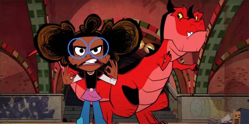 Lunella / Moon Girl, a young black girl,  and The Devil Dinosaur, a huge, jovial red dinosaur, in defense mode