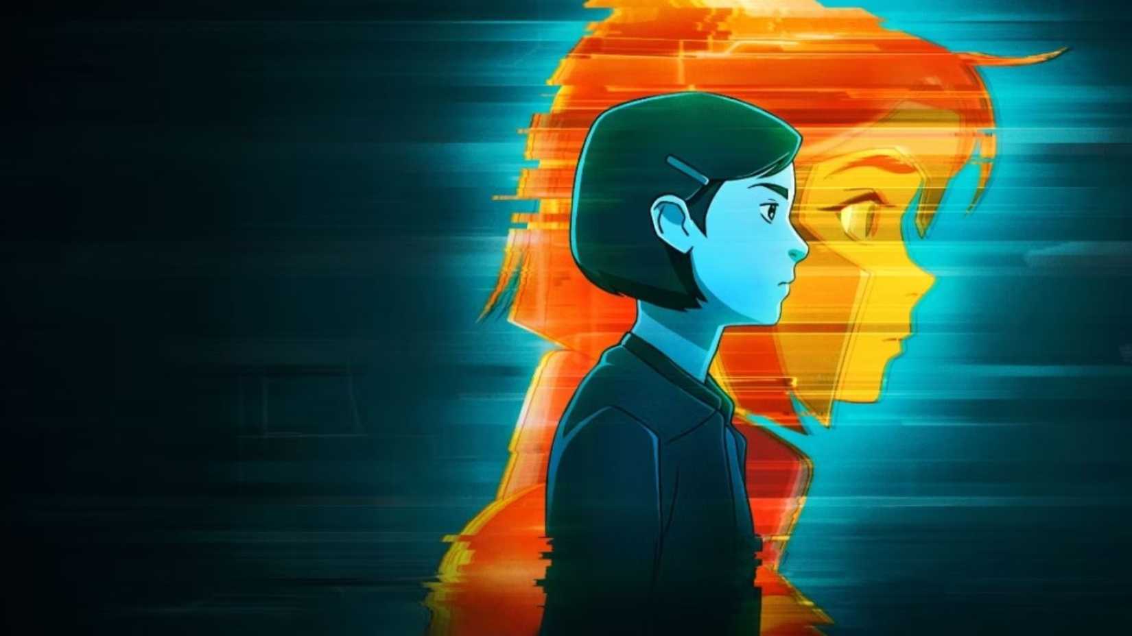 Katie Chang as Maddie in Pantheon standing in front of a bright, turquoise and orange color pallette