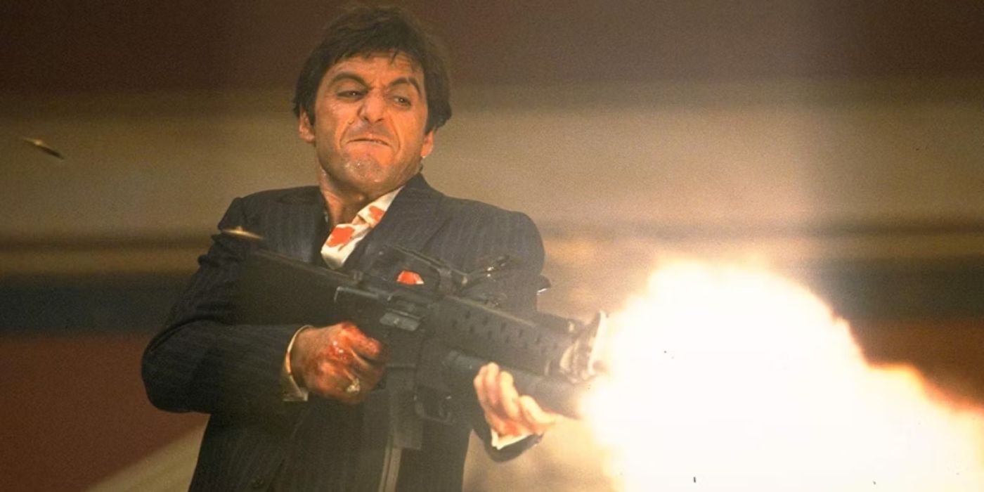 Tony Montana shoots a gun in Scarface