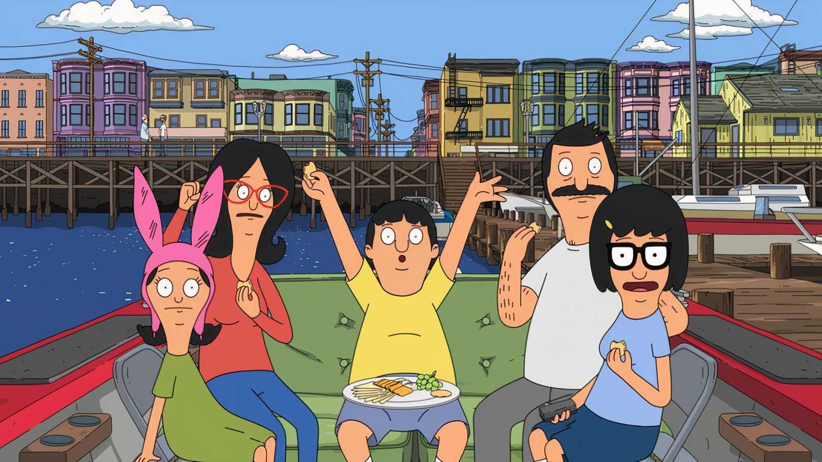 The Belcher family on a boat in Bob's Burgers