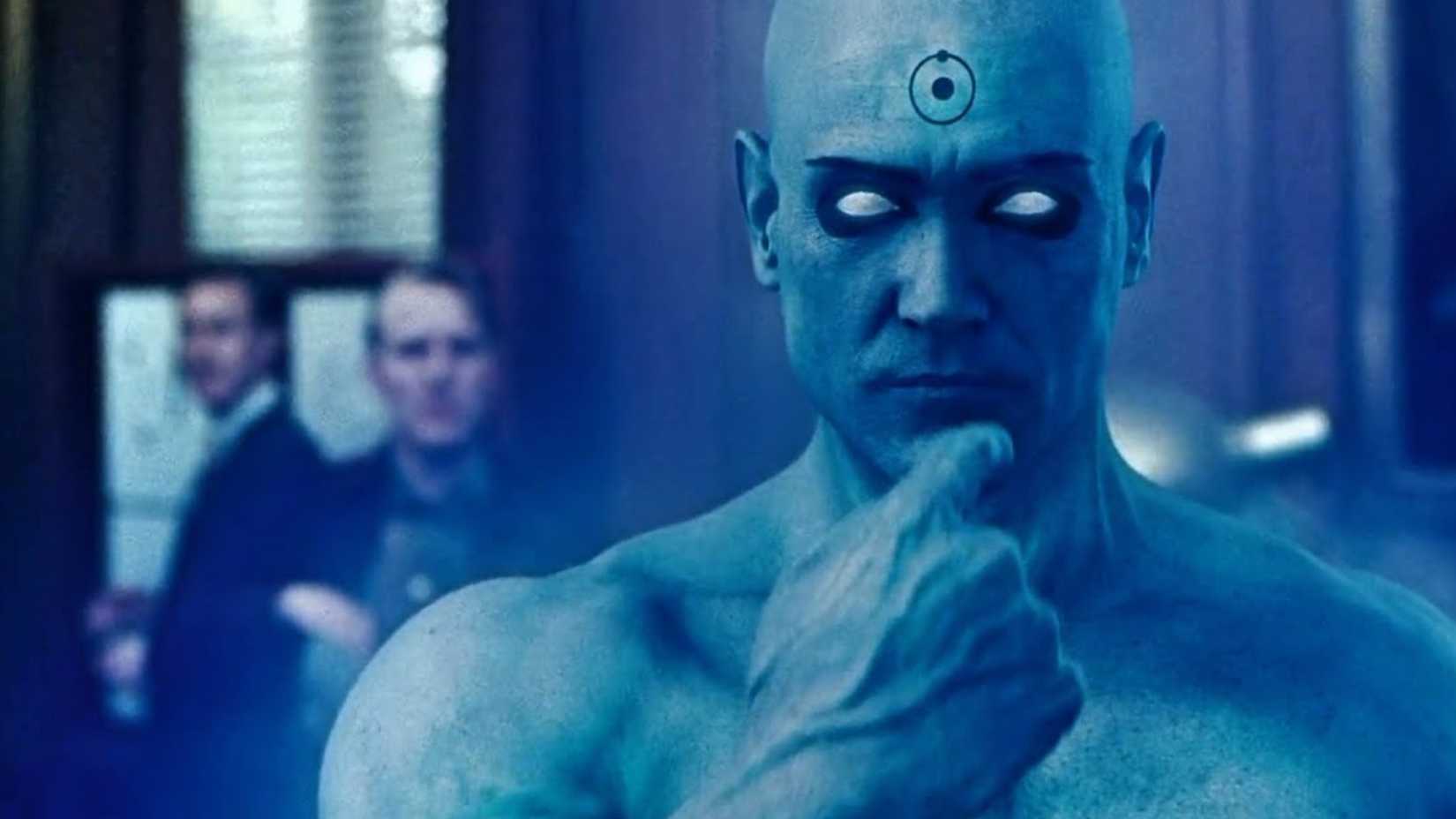 Billy Crudup's Dr. Manhattan thinking hard in the Watchmen movie