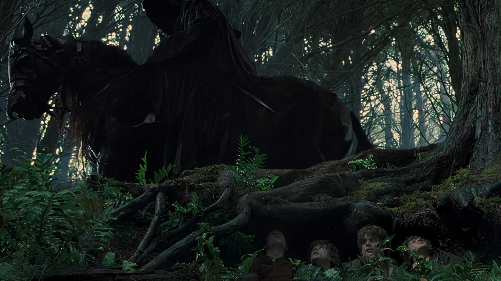 The hobbits are hunted by a nazgul / black rider in The Lord of the Rings: The Fellowship of the Ring