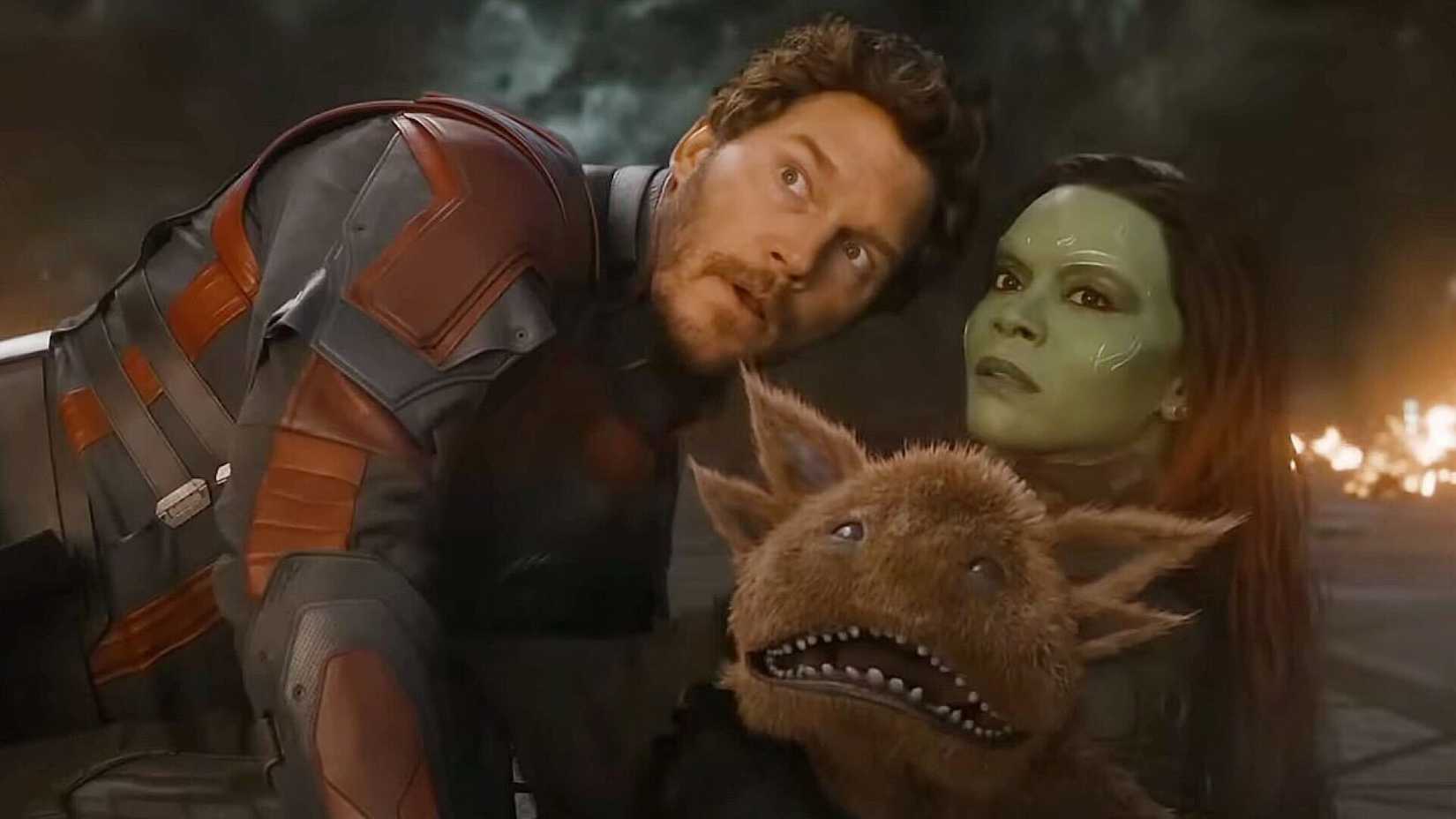 Chris Pratt and Zoe Saldana in Guardians of the Galaxy 3 with furry critter