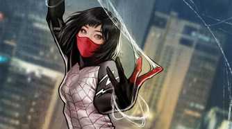 Silk from Marvel Comics shooting webs from her fingers while wearing her signature costume