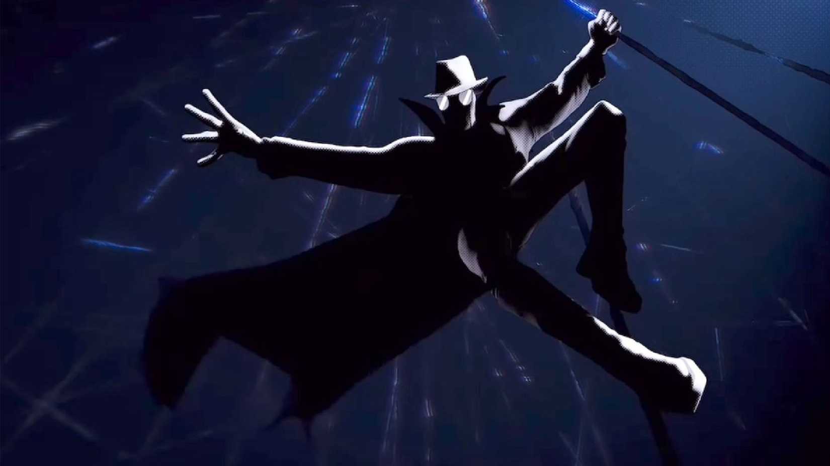 Spider-Man Noir from Spider-Man Into the Spider-Verse swinging down a web