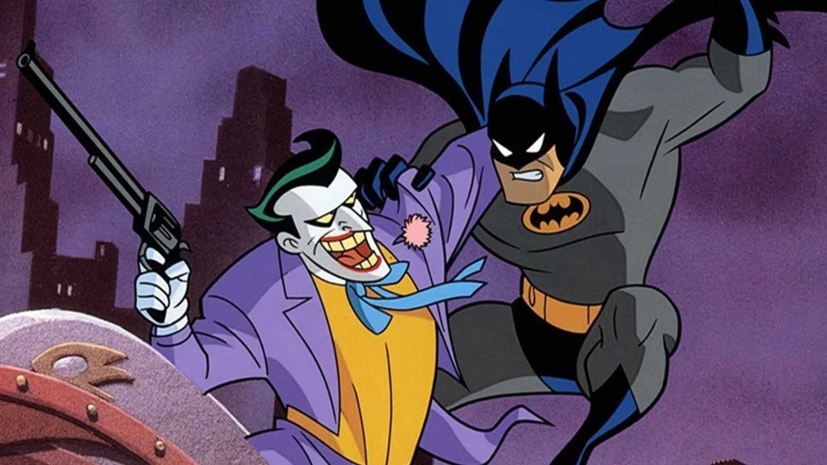 Batman fighting The Joker while the Joker holds a long weapon in Batman: The Animated Series