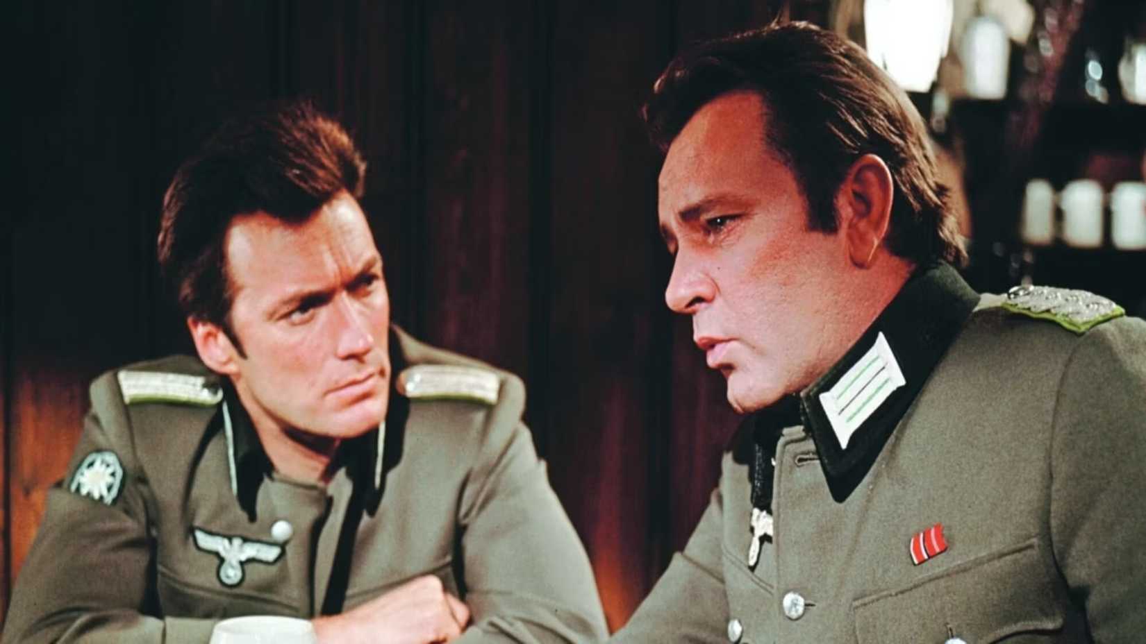 Clint Eastwood as Schaffer and Richard Burton as Maj. John Smith in their army uniforms in Where Eagles Dare 