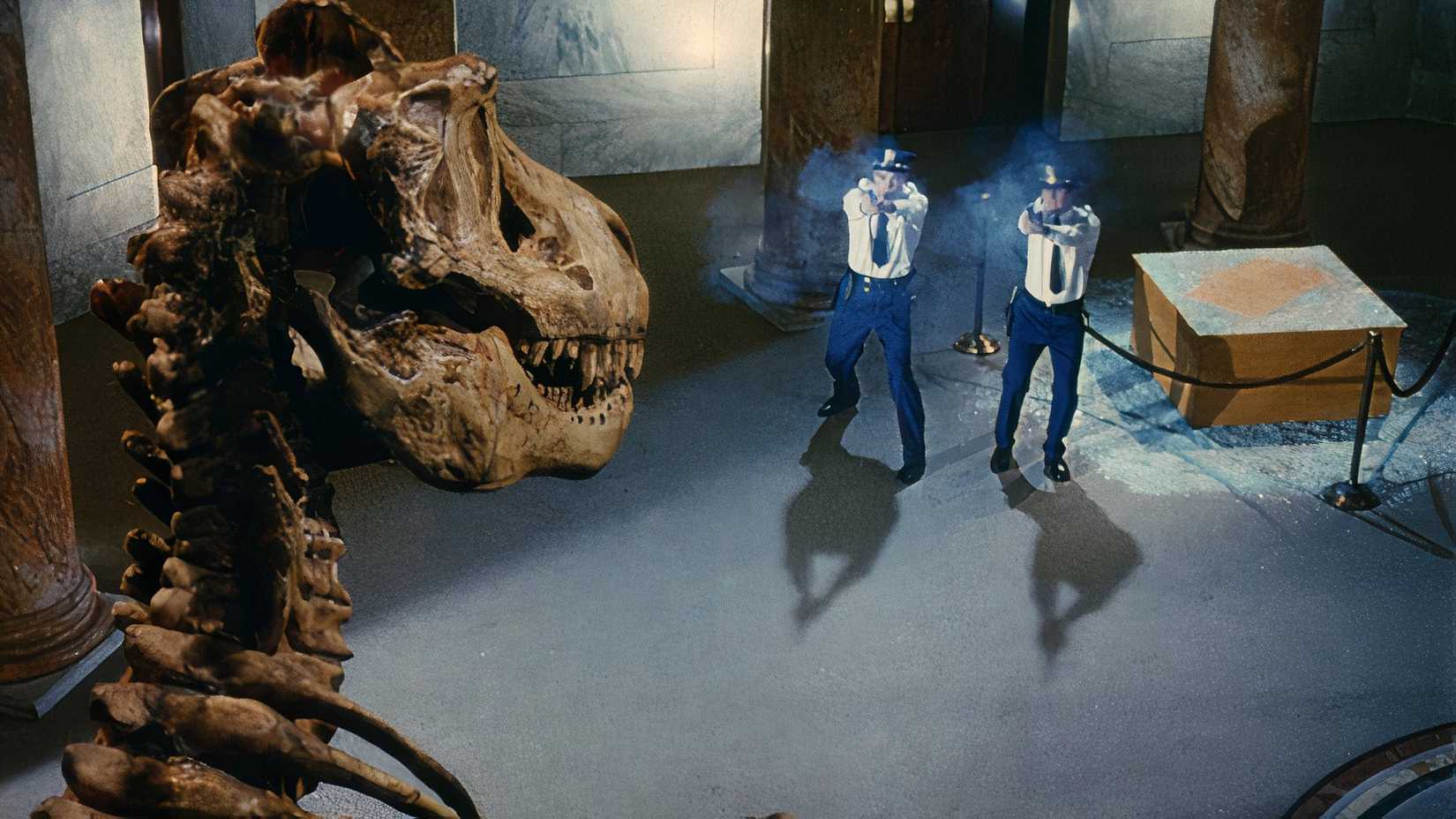 cops shooting at a dinosaur skeleton in Doctor Mordrid (1992)