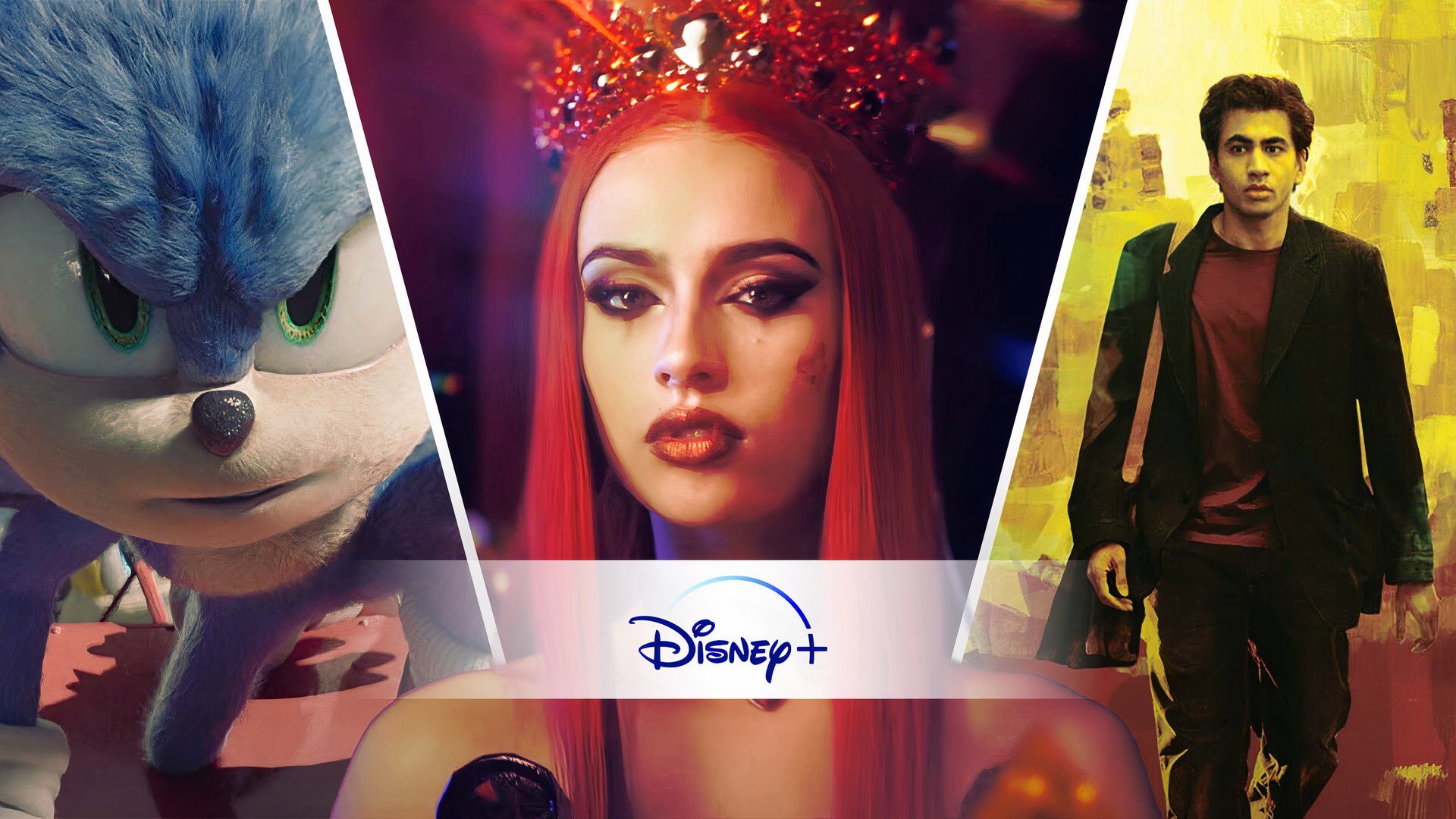 An edit of three movies with the Disney+ logo including Descendants: Rise of Red, Sonic the Hedgehog 2, and The Namesake