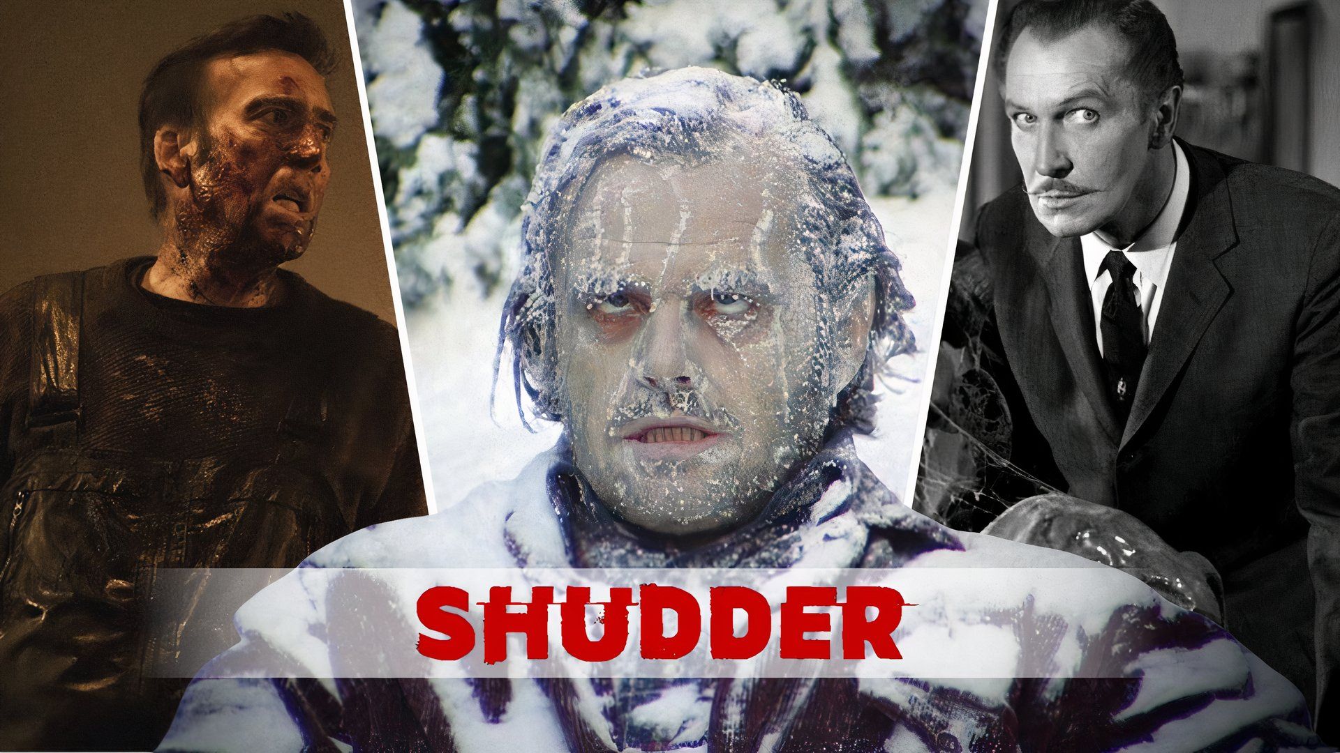 An edited image of three movies with the Shudder logo in the middle with The Shining, House on Haunted Hill, and Arcadian