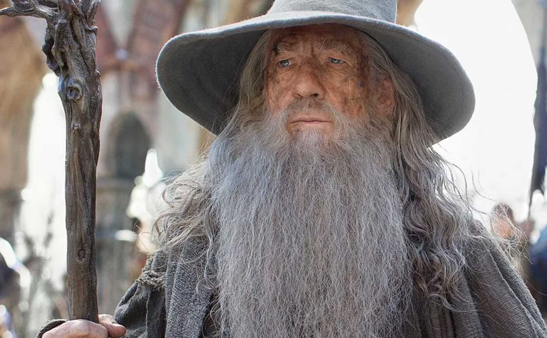 Gandalf the Grey in The Lord of the Rings wearing his hat and robes, holding his staff