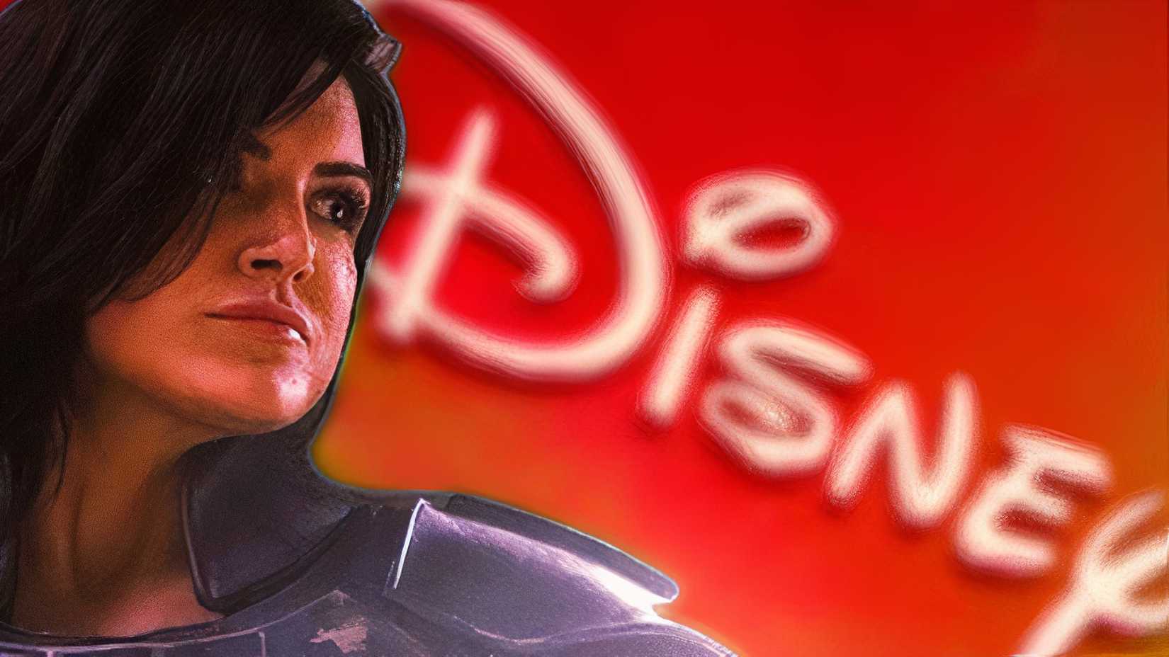 Gina Carano as The Mandalorians Cara Dune and Disney logo