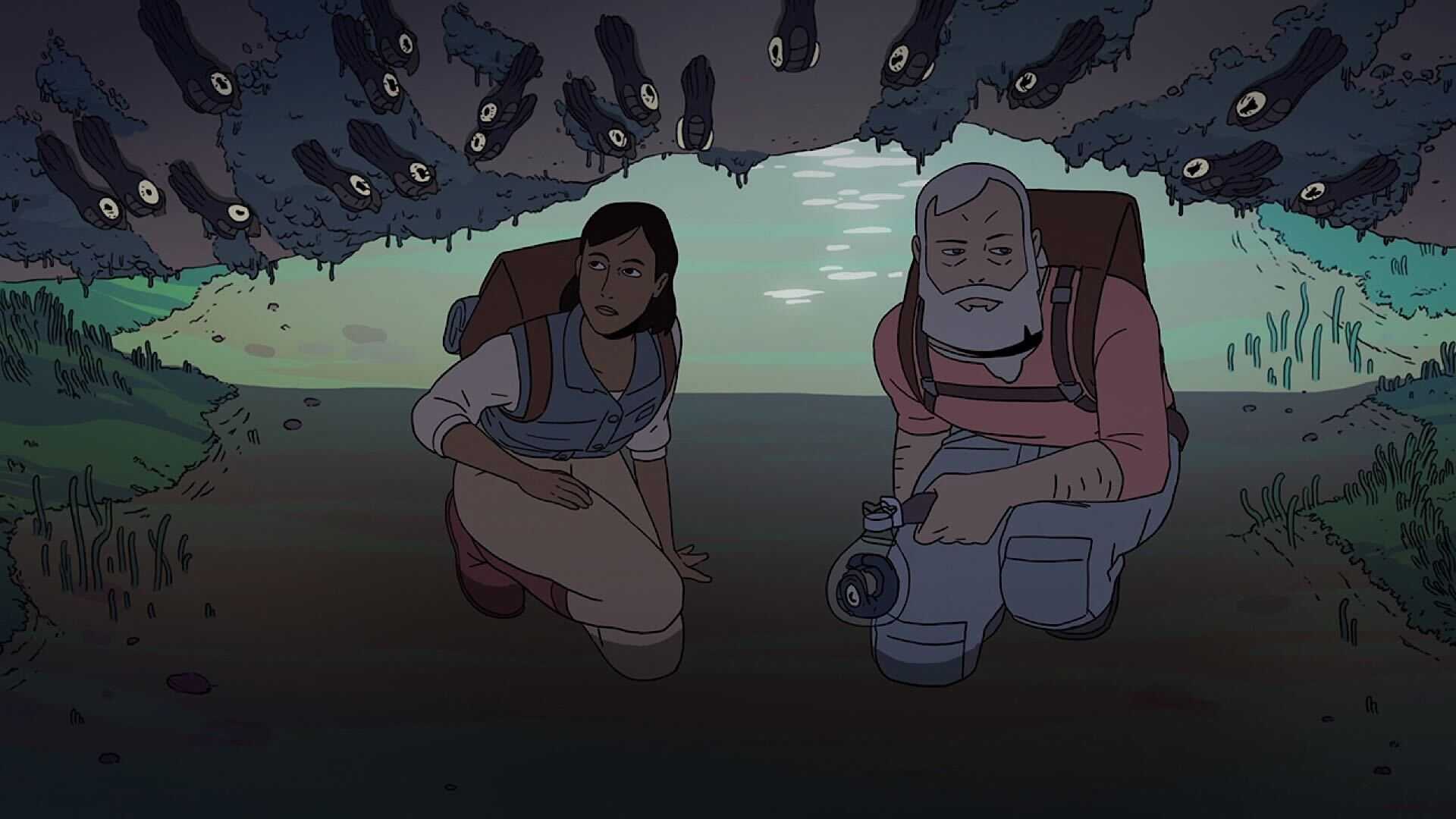 Two people in a cave kneeling down in 'Scavengers Reign'