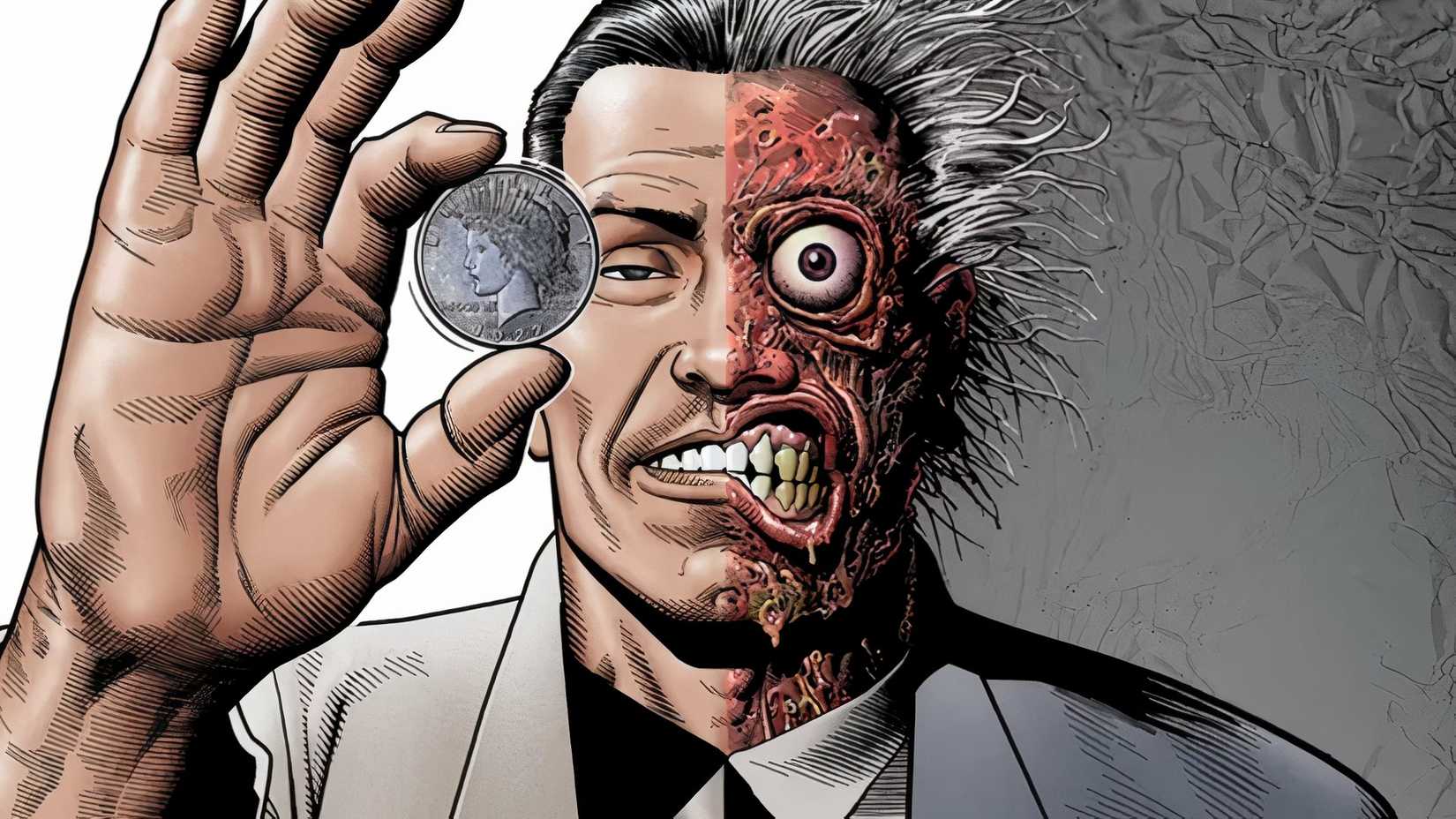 A still of Two-Face holding his coin from the comics