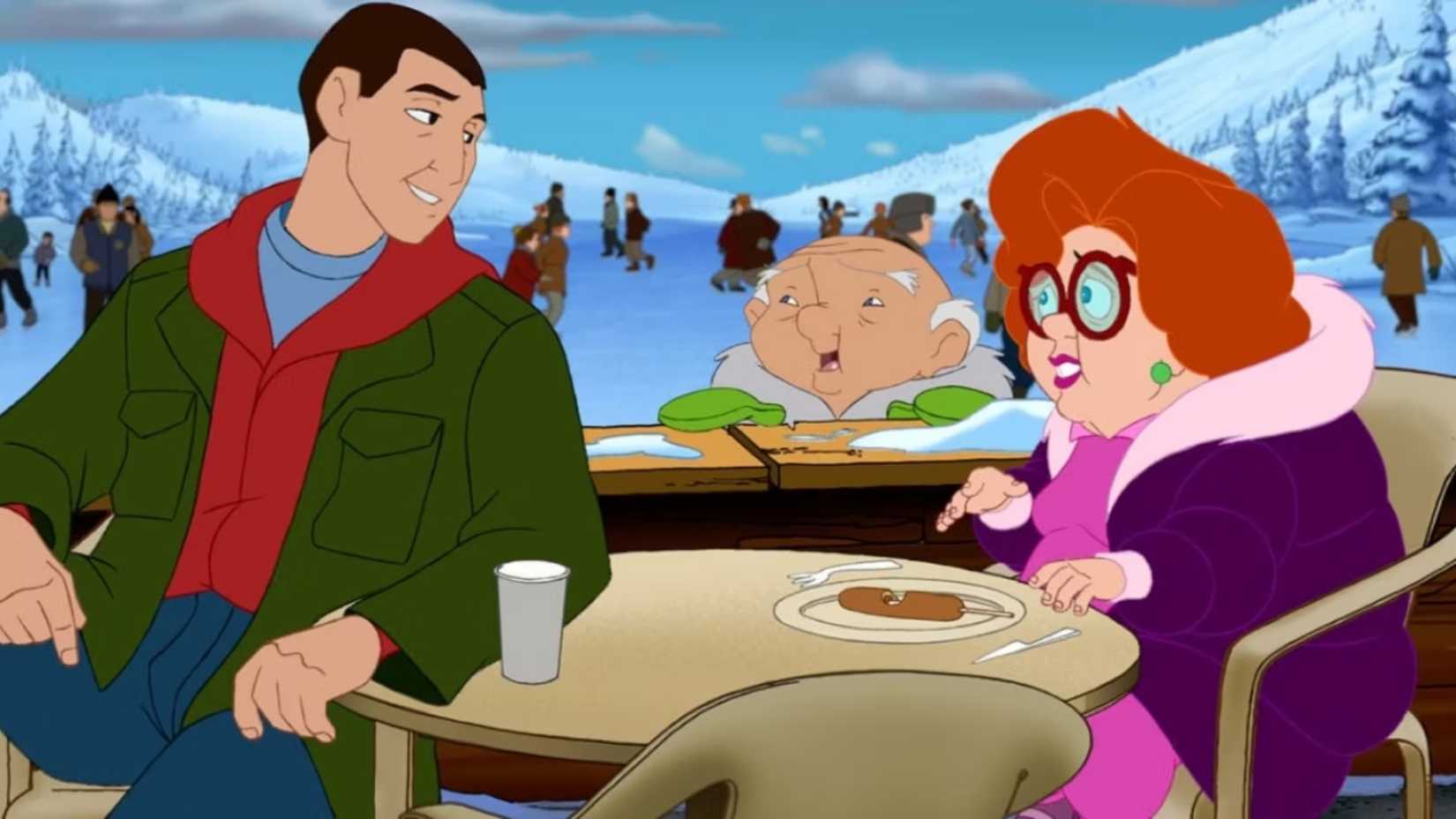 Davey, Whitney, and Eleanore chatting at a table at an ice skating rink in Eight Crazy Nights