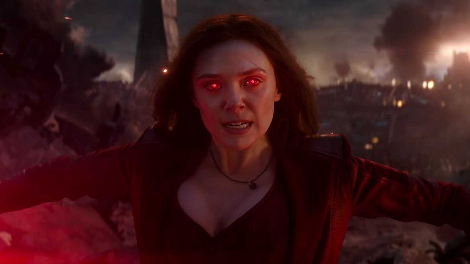 Elizabeth Olsen as Wanda Maximoff with red eyes in Avengers Endgame