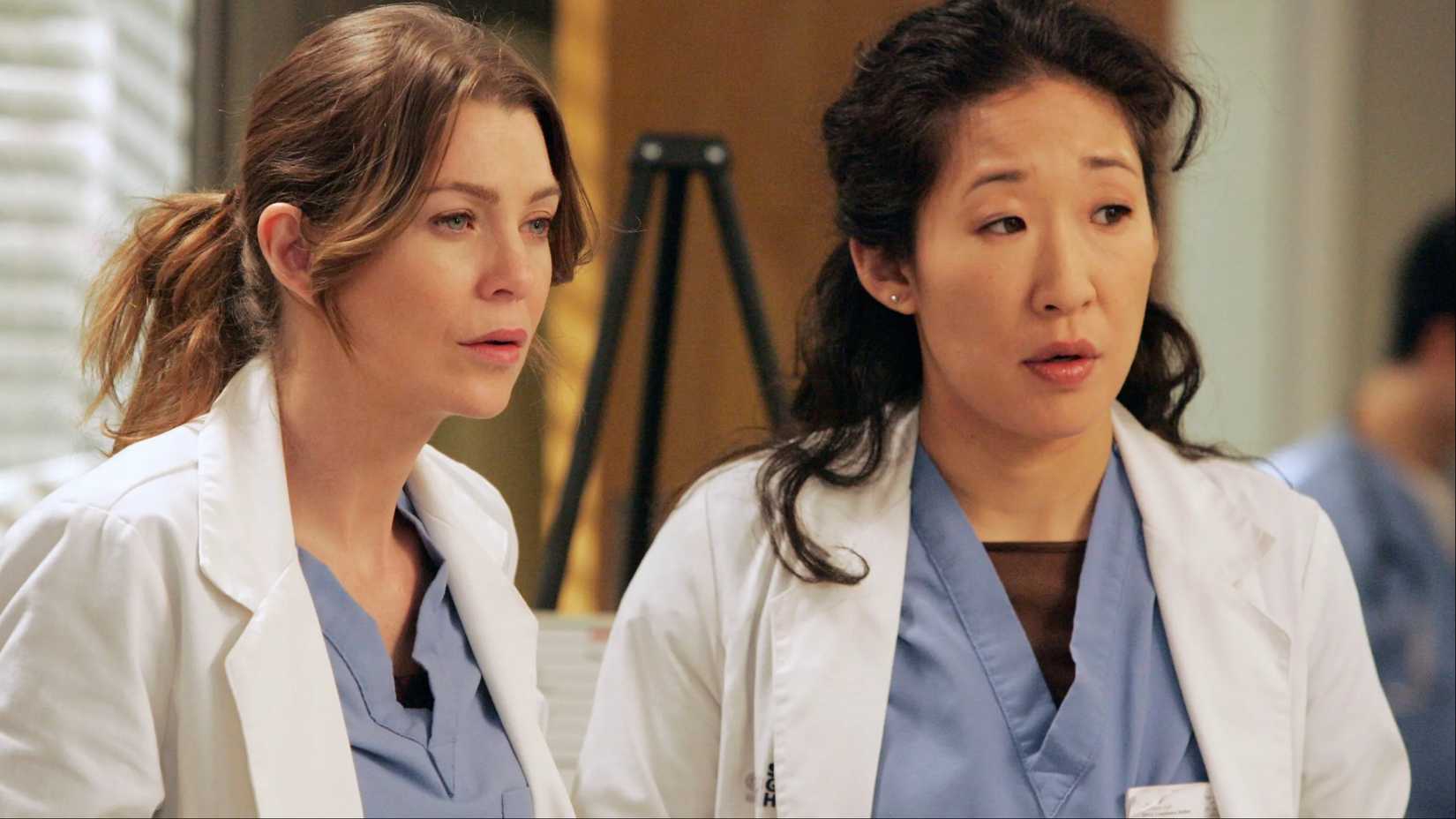 Meredith (Ellen Pompeo) and Cristina (Sandra Oh) in Grey's Anatomy