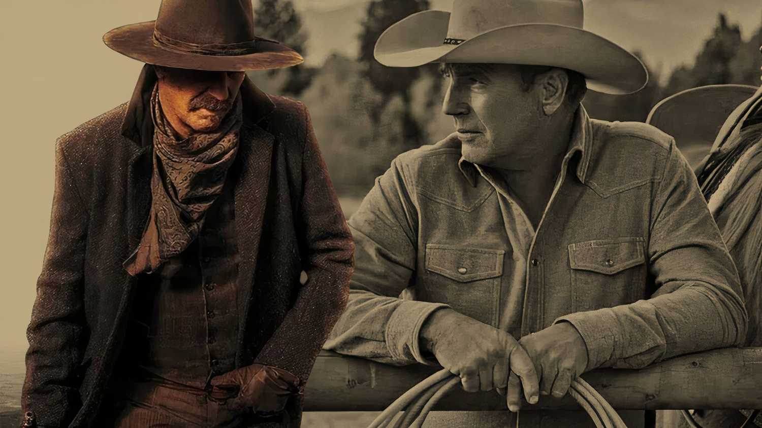 An edited image of Kevin Costner in both Yellowstone and Horizon: An American Saga