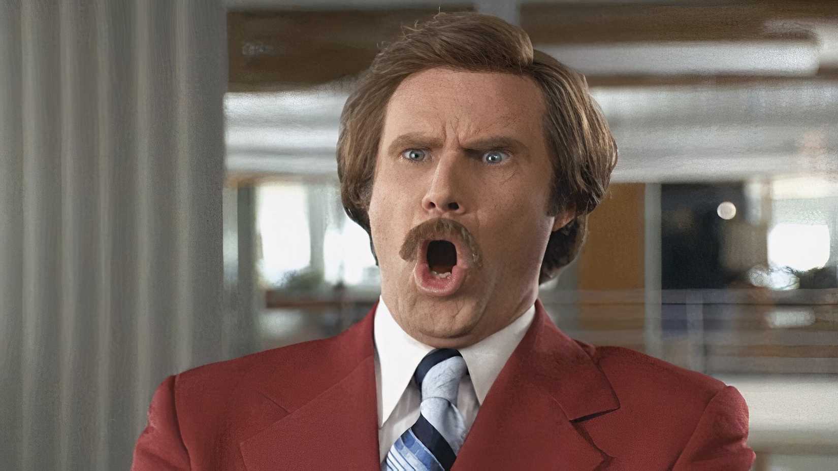 Shocked Will Ferrell as Ron Burgundy in Anchorman