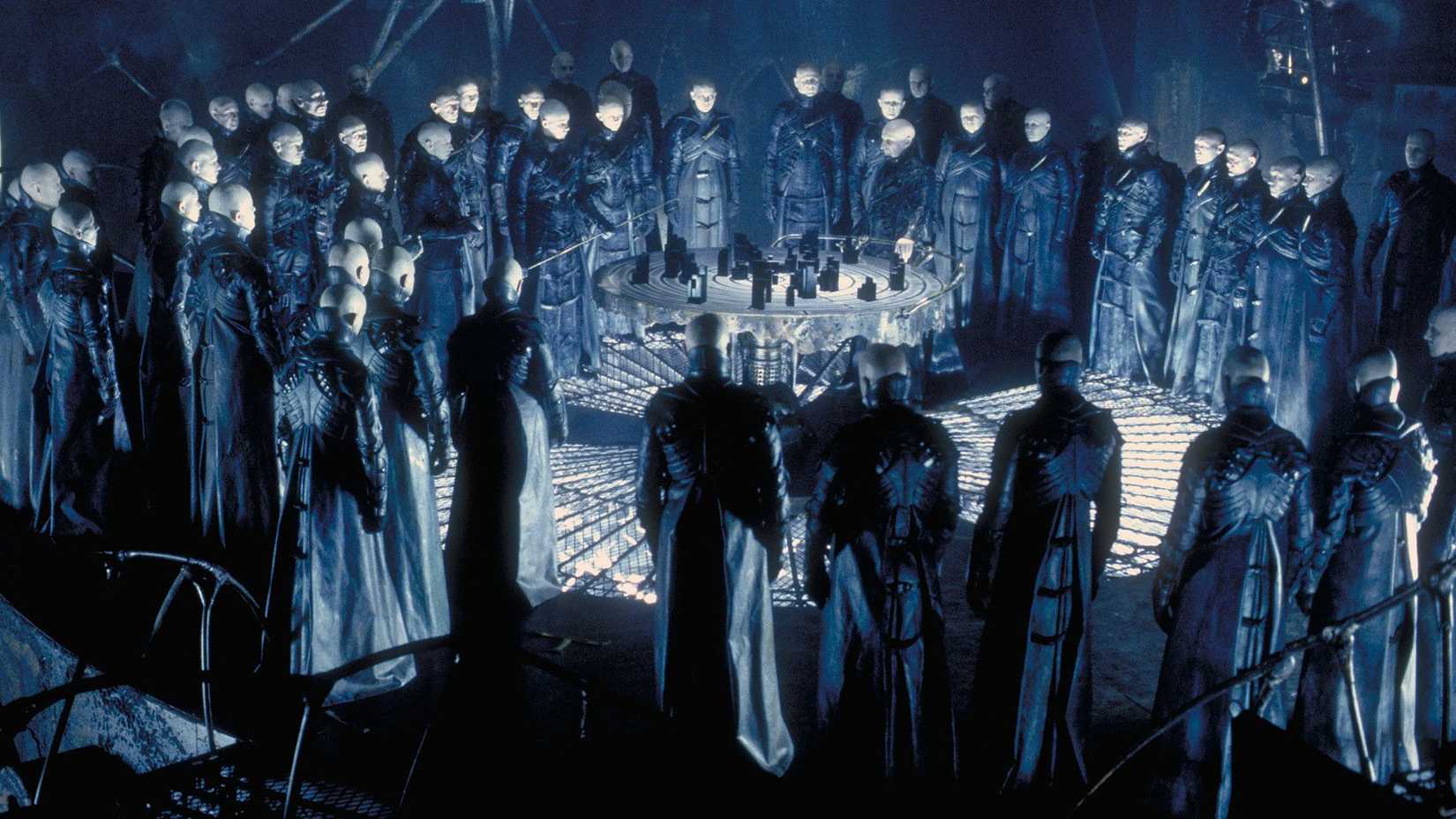 A group of bald headed men in the sci-fi movie Dark City (1998)