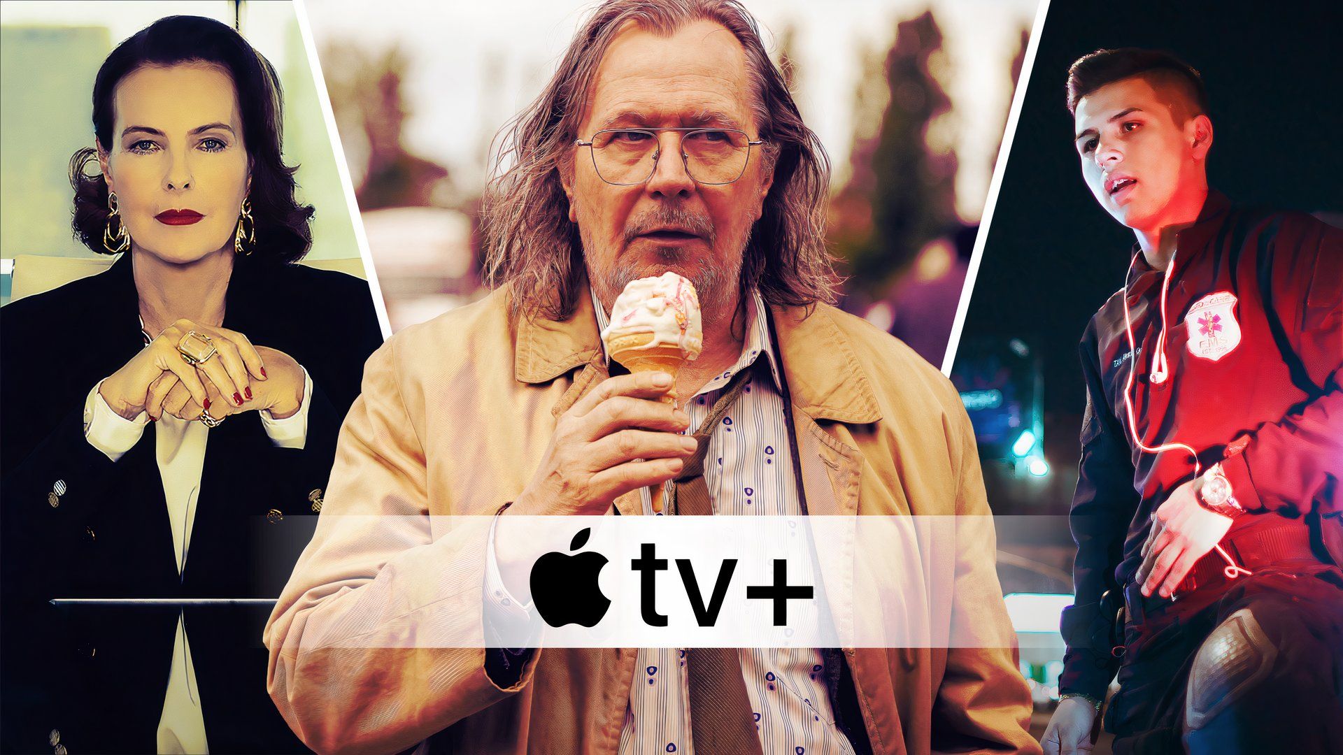 An edited image of three TV shows with the Apple TV+ logo including Slow Horses, La Maison and Midnight Family.