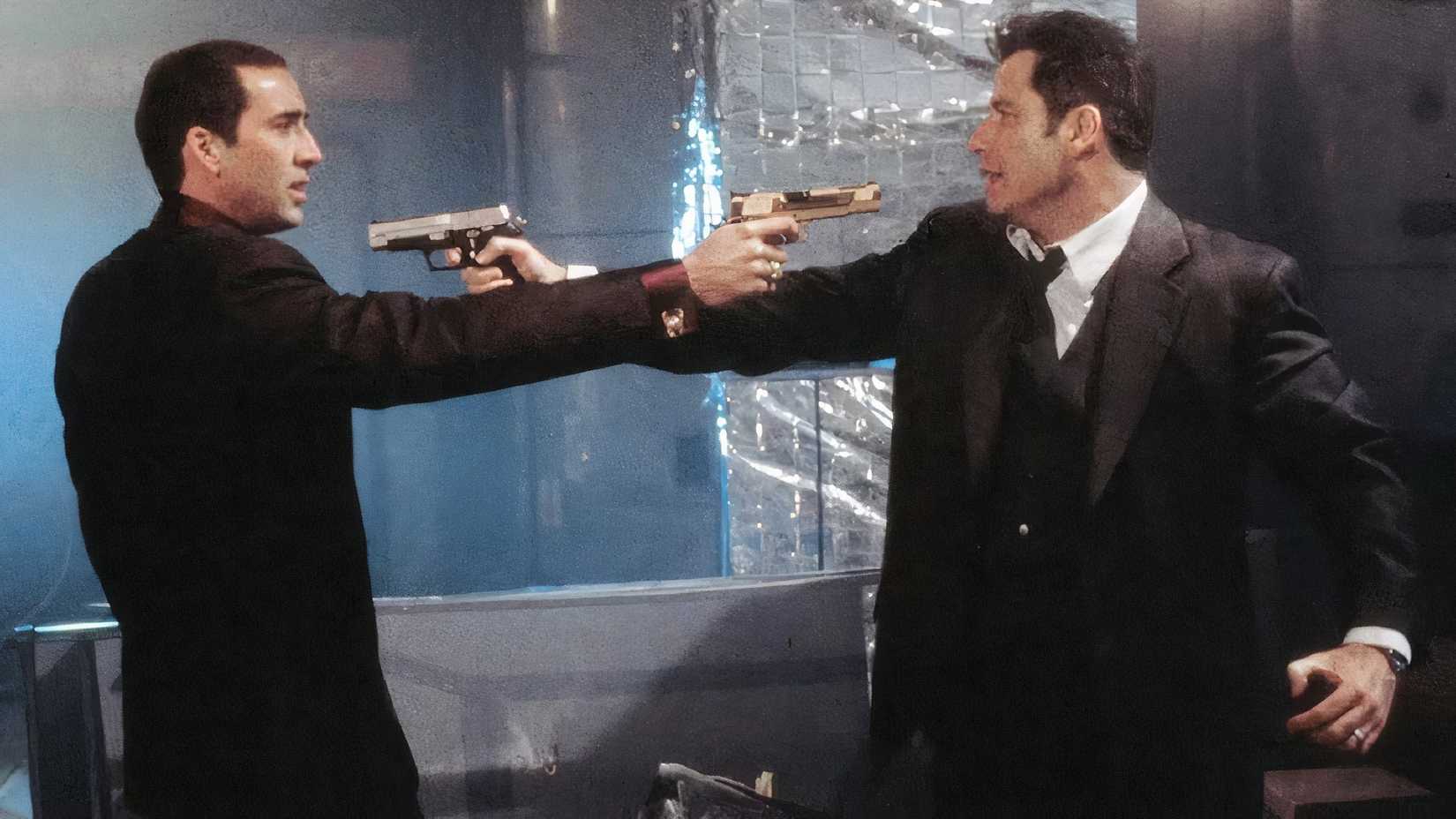 Castor Troy, played by Nicolas Cage, and Sean Archer, played by John Travolta, in Face/Off.  