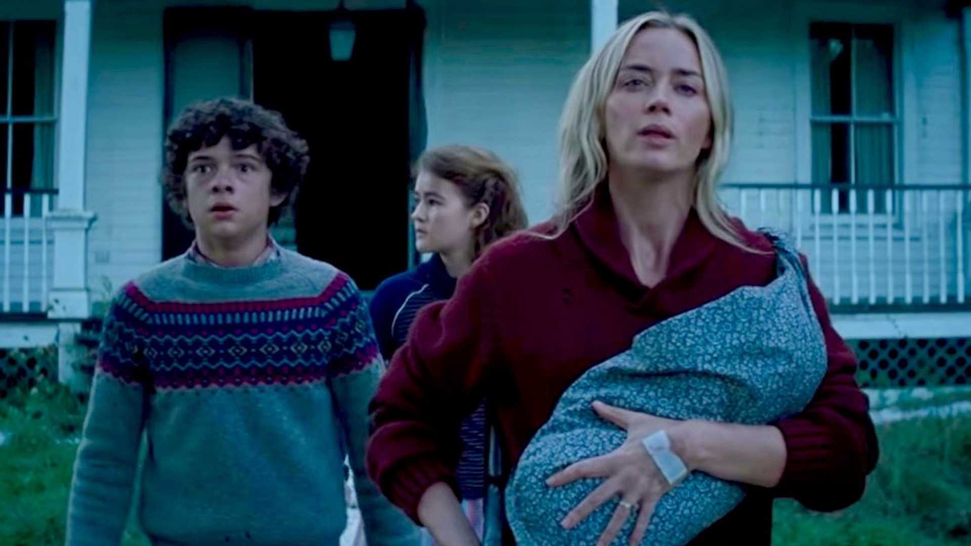 Noah Jupe alongside Emily Blunt and Millicent Simmonds in A 'Quiet Place Part II'